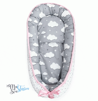 Gnezdo za bebe - sivo sa oblacima i roze trakom