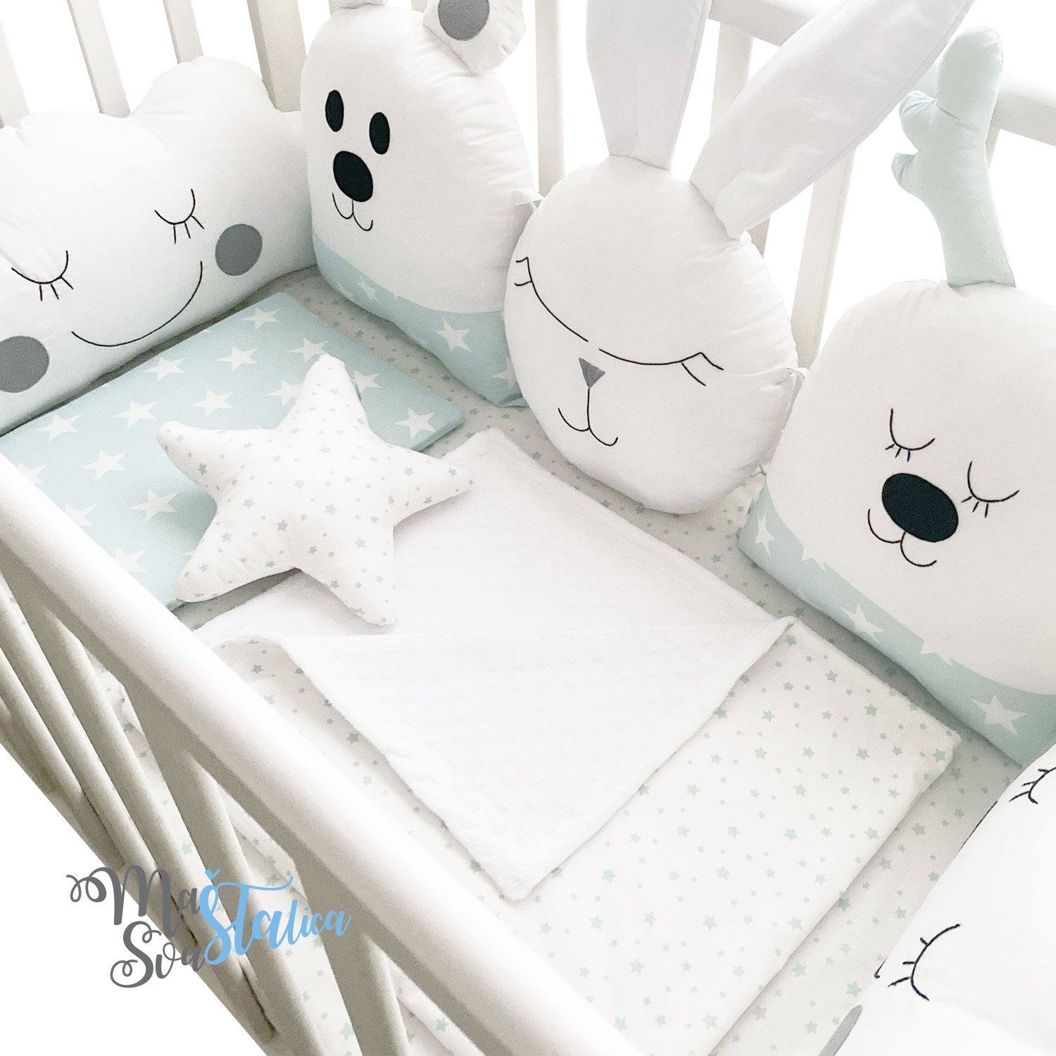 Ogradica i posteljina za krevetac Šašava družina mint bela