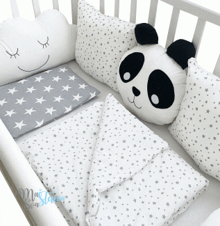 Ogradica i posteljina za krevetac Panda sivo beli dezeni
